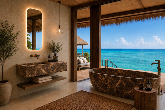 Luxury beachfront bathroom featuring a dark stone freestanding tub overlooking the turquoise ocean, with a matching stone floating sink and illuminated mirror on textured beige walls.