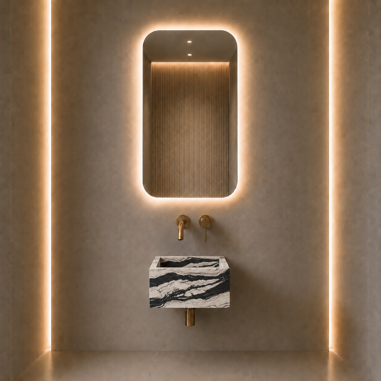 A modern bathroom vanity setup featuring a rectangular wall-mounted sink with a black and white marbled stone front, a matching rectangular backlit mirror, and gold wall-mounted faucets, set against a textured beige wall with warm LED strip lighting.