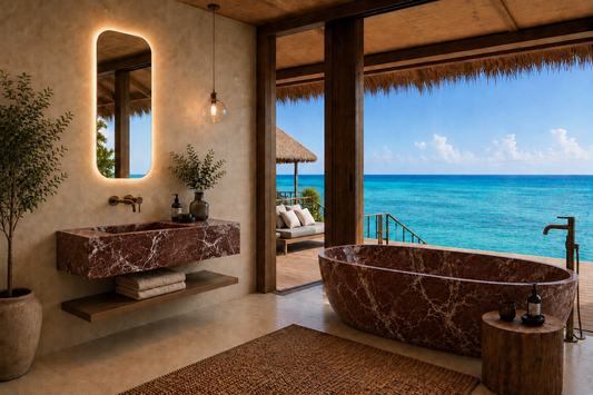 Luxury beachfront bathroom featuring a dark red marble floating vanity and an oval freestanding marble bathtub with an ocean view background.