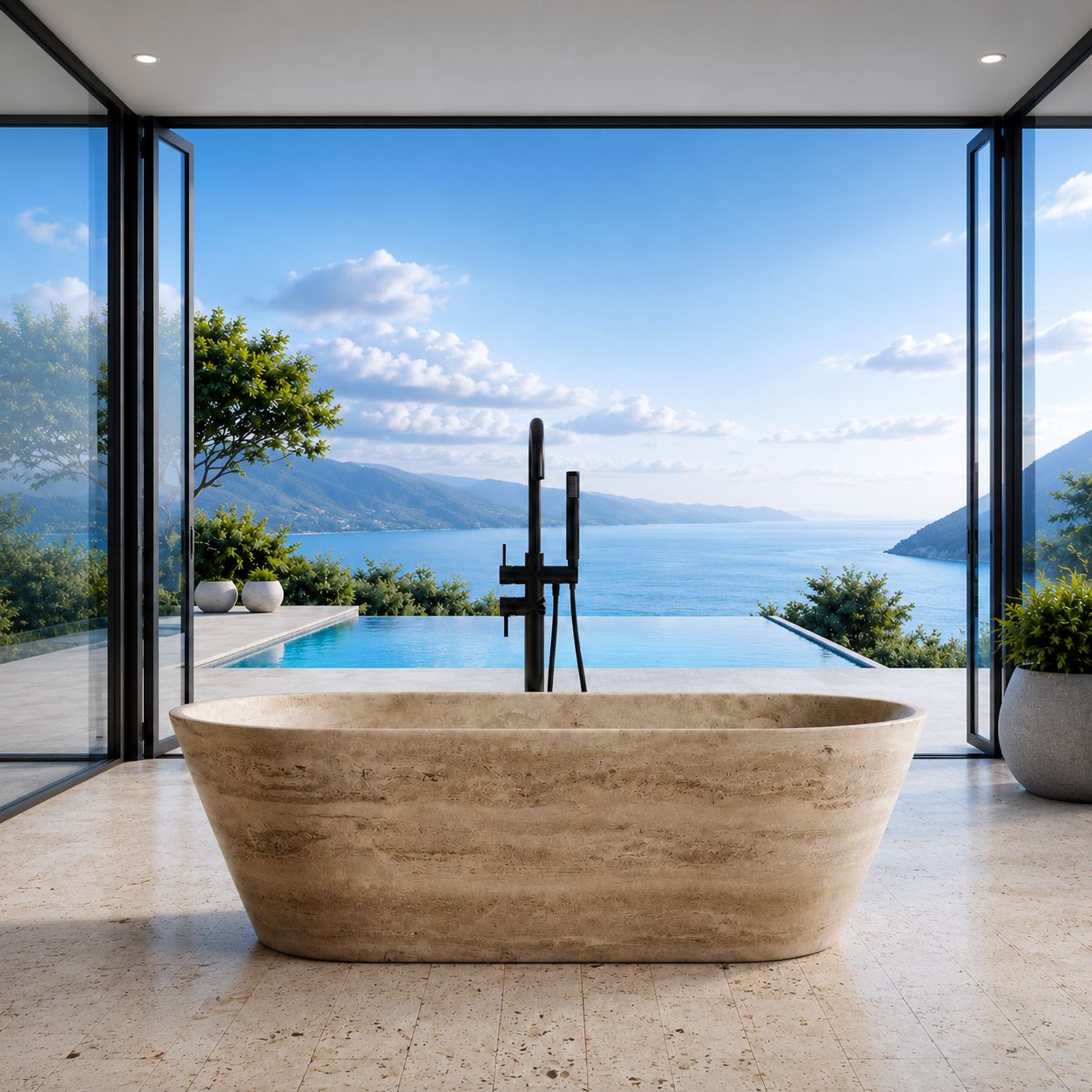 Beige Travertine Freestanding Marble Bathtub