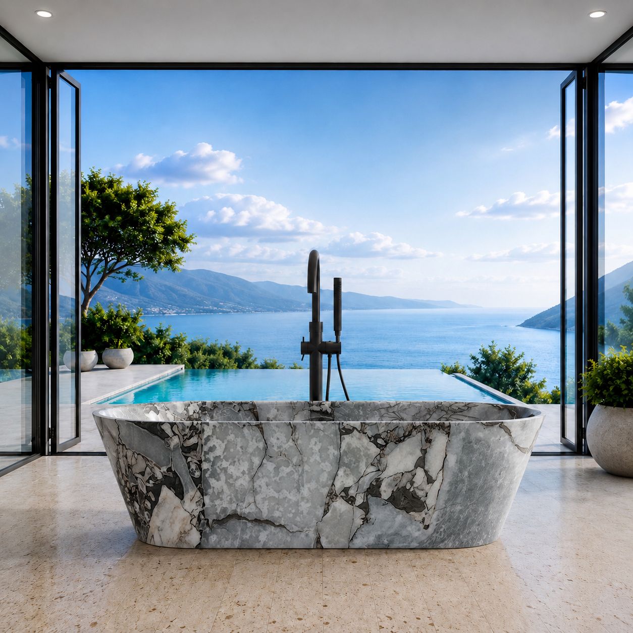Calacatta Blue Freestanding Marble Bathtub
