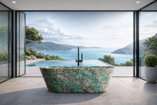 A freestanding oval bathtub with a green and white marbled stone pattern sits in a modern bathroom with floor-to-ceiling glass windows overlooking a scenic ocean and mountain view.
